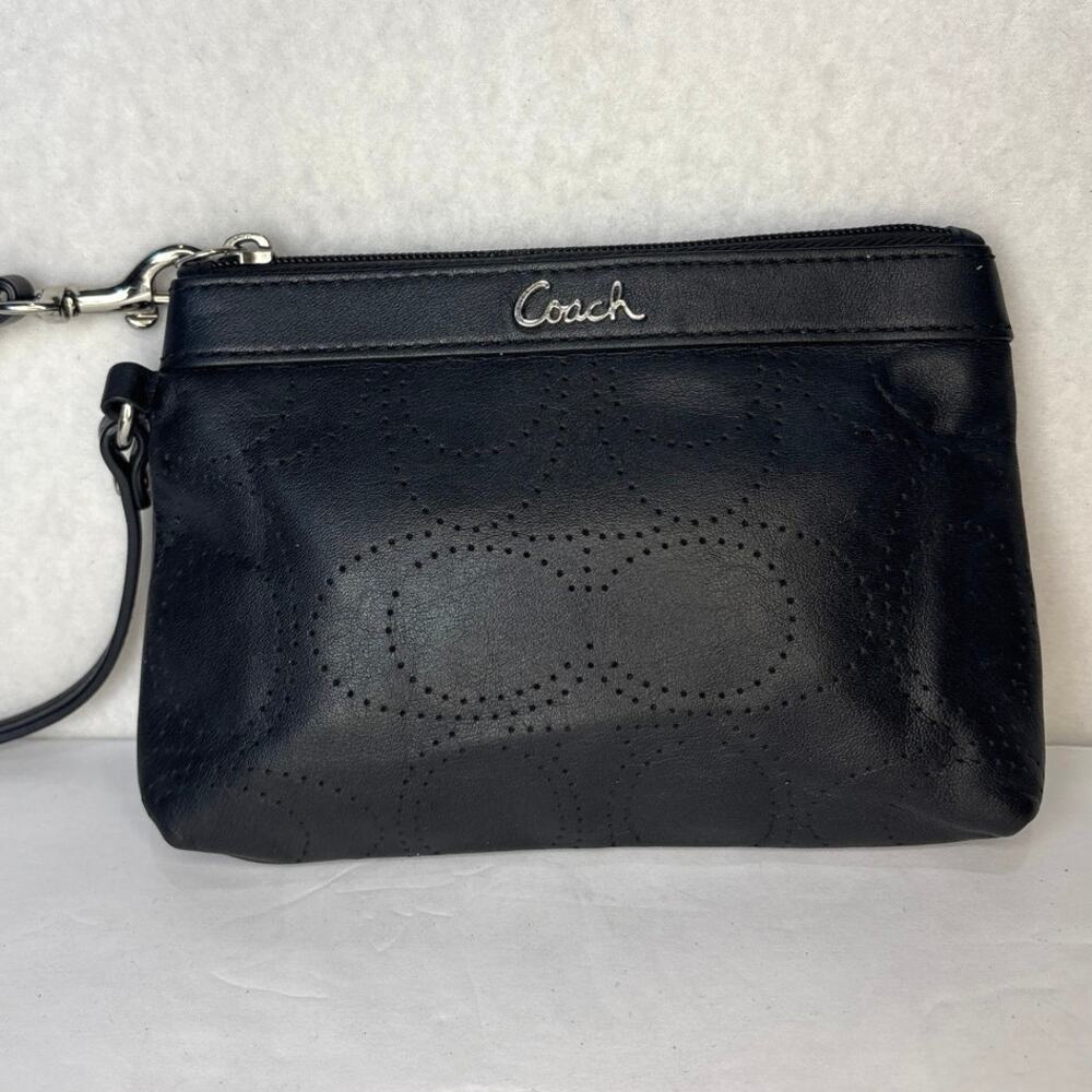 Coach Perforated Classic C-Signature Logo Leather Black Wristlet - Picture 4 of 6